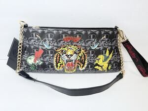 Ed Hardy Black Striking Tiger Tattoo Art With Rhinestones Shoulder Bag w/Charms